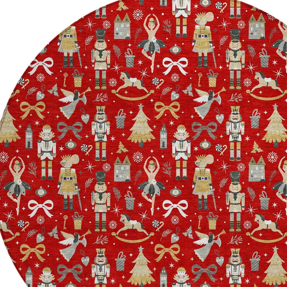 8' Red Gold Black And Gray Round Nutcracker Washable Indoor Outdoor Area Rug Homeroots Outdoor