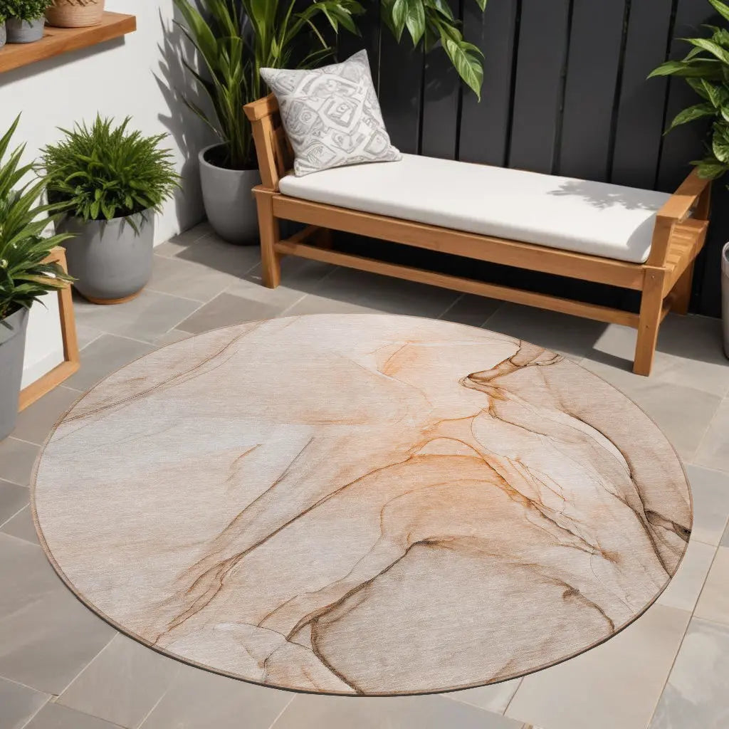 8' Round Gray and Orange Round Abstract Washable Non Skid Indoor Outdoor Area Rug Homeroots Outdoor