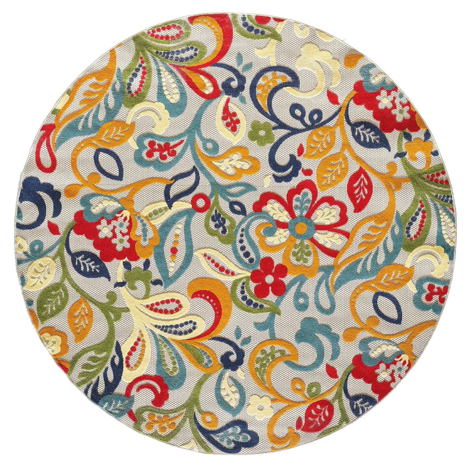 8' Round Ivory And Blue Round Floral Stain Resistant Indoor Outdoor Area Rug Homeroots Outdoor
