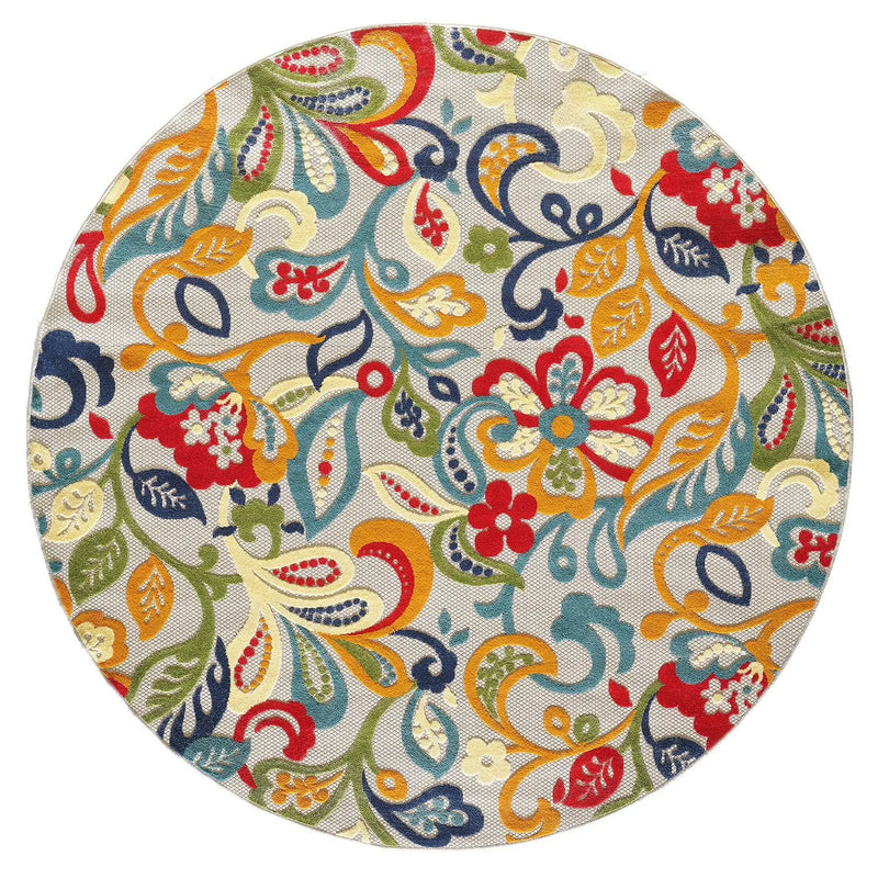8' Round Ivory And Blue Round Floral Stain Resistant Indoor Outdoor Area Rug Homeroots Outdoor