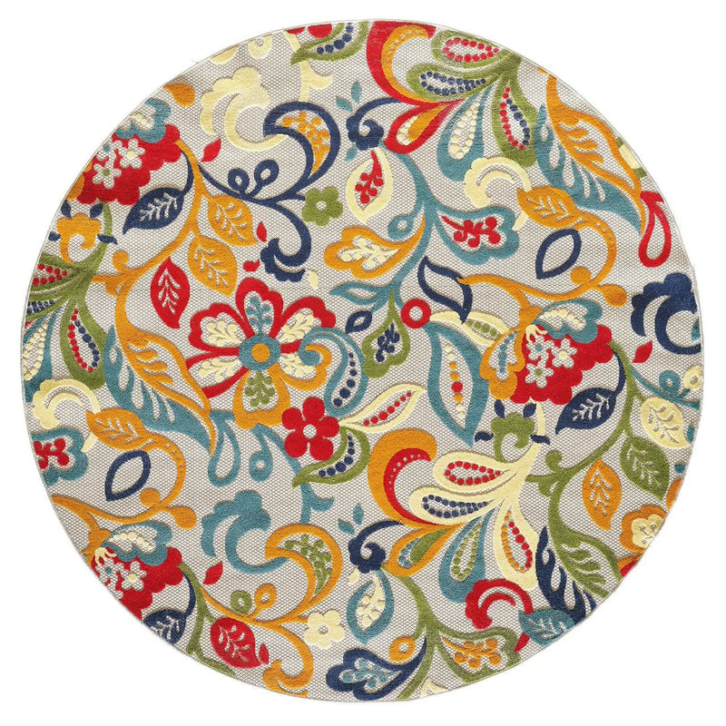 8' Round Ivory And Blue Round Floral Stain Resistant Indoor Outdoor Area Rug Homeroots Outdoor