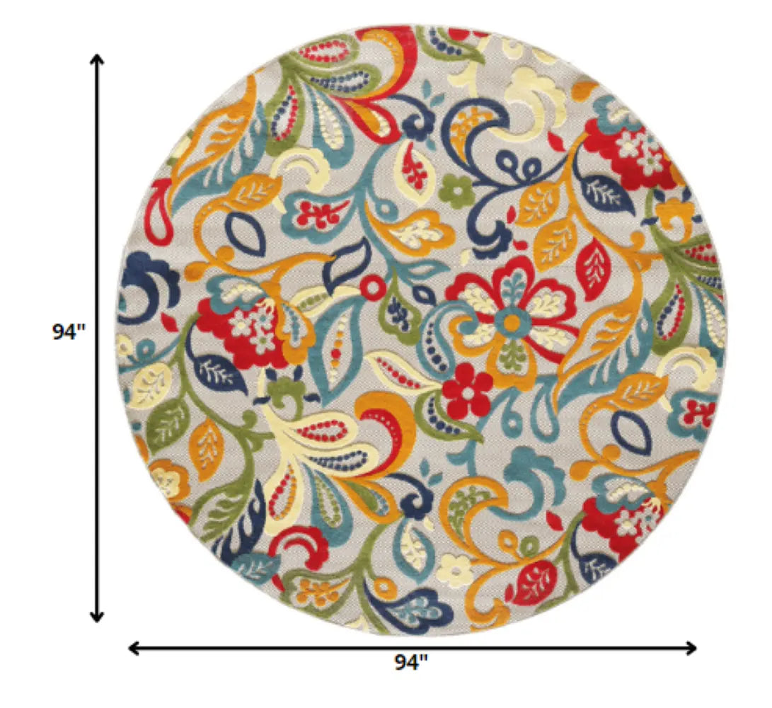 8' Round Ivory And Blue Round Floral Stain Resistant Indoor Outdoor Area Rug Homeroots Outdoor