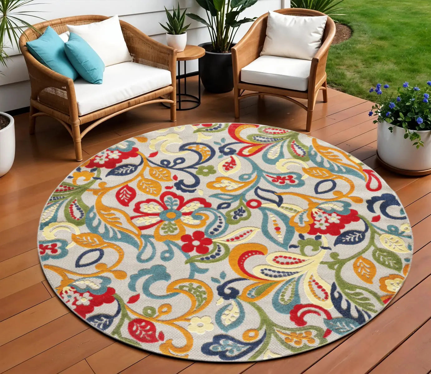 8' Round Ivory And Blue Round Floral Stain Resistant Indoor Outdoor Area Rug Homeroots Outdoor