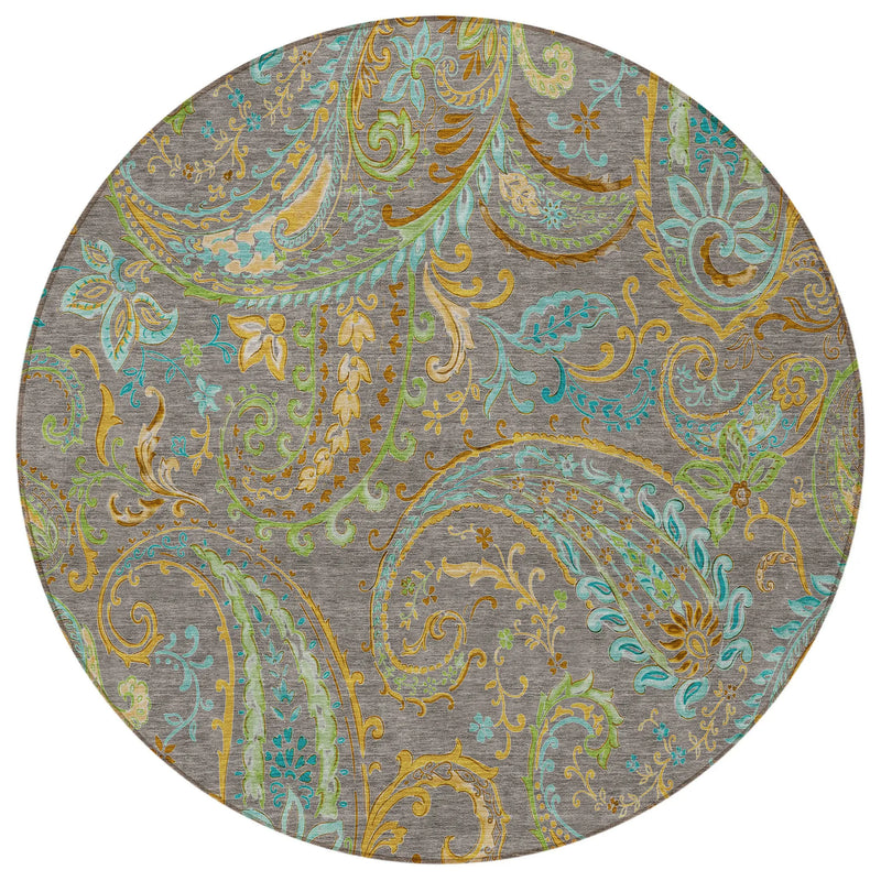 8' Round Taupe Round Paisley Washable Non Skid Indoor Outdoor Area Rug - GreatEagleInc