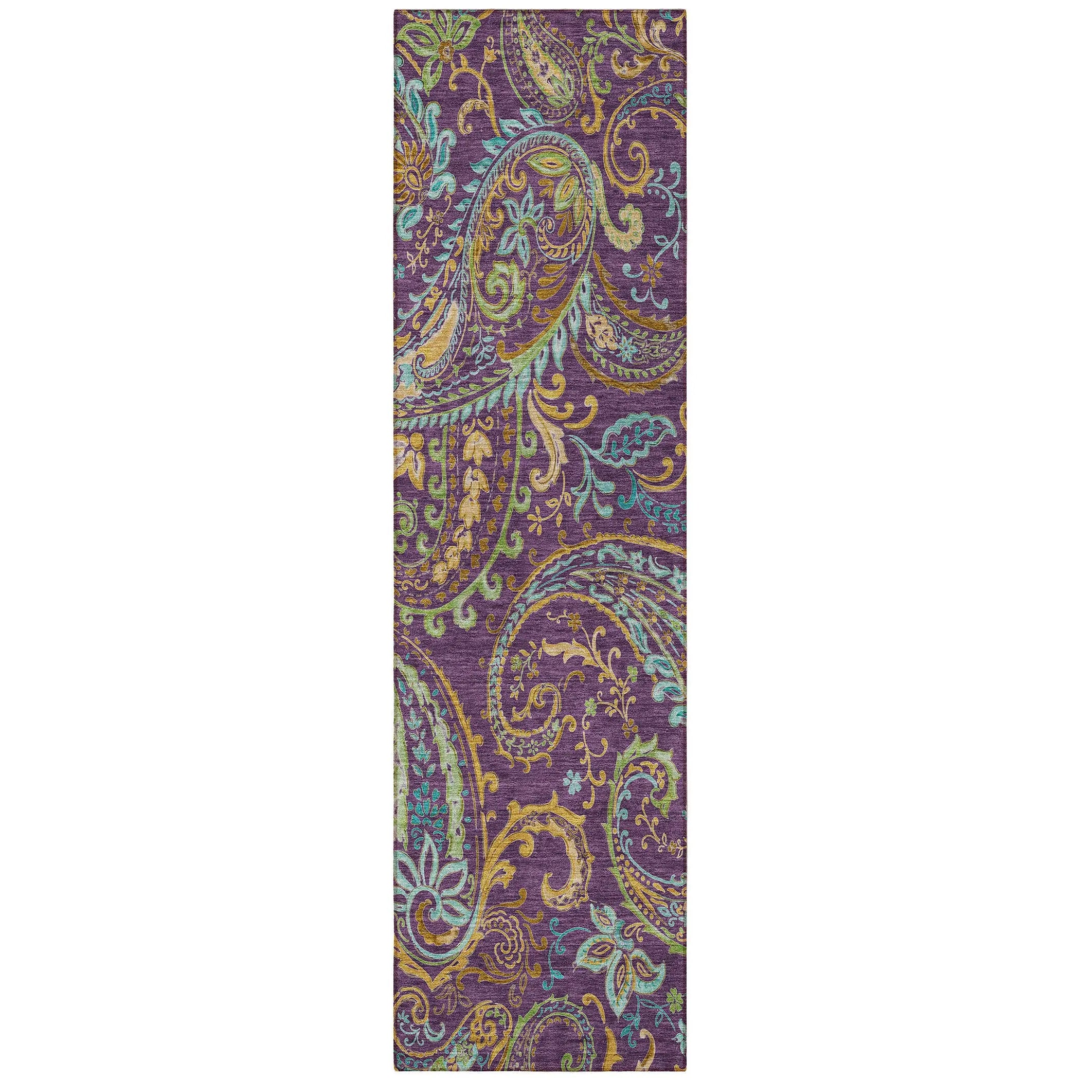8' Runner Purple Paisley Washable Non Skid Indoor Outdoor Runner Rug - GreatEagleInc