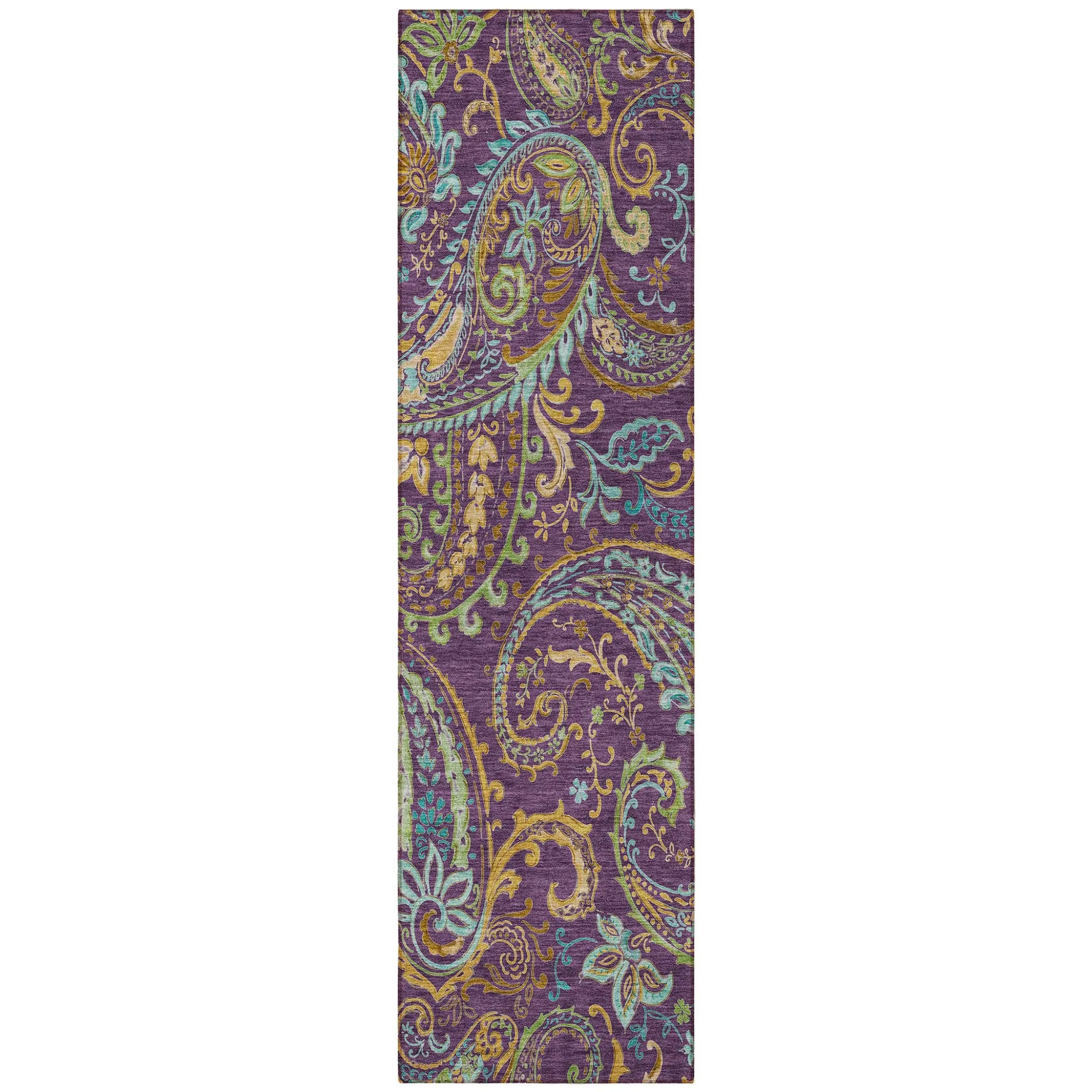 8' Runner Purple Paisley Washable Non Skid Indoor Outdoor Runner Rug - GreatEagleInc