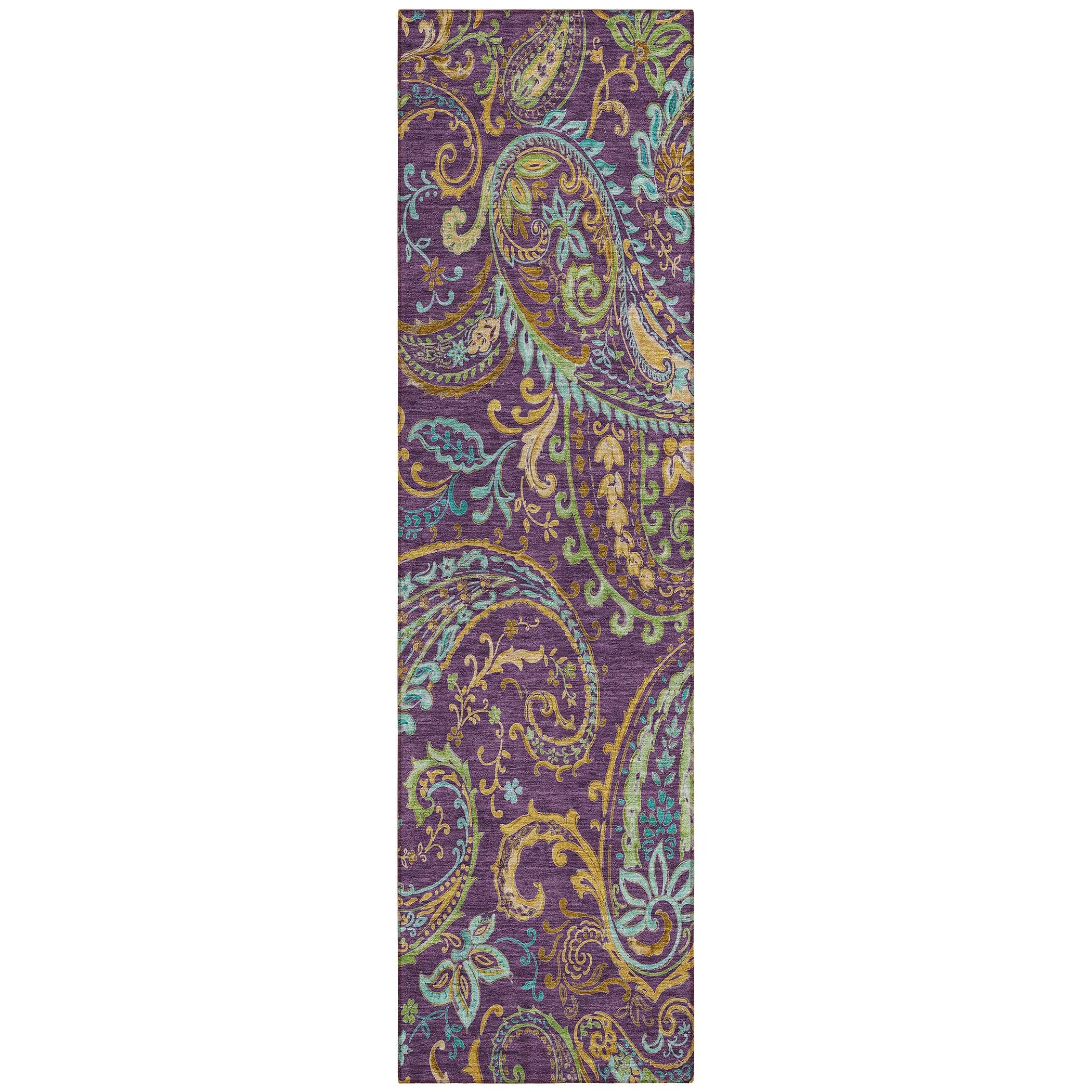 8' Runner Purple Paisley Washable Non Skid Indoor Outdoor Runner Rug - GreatEagleInc