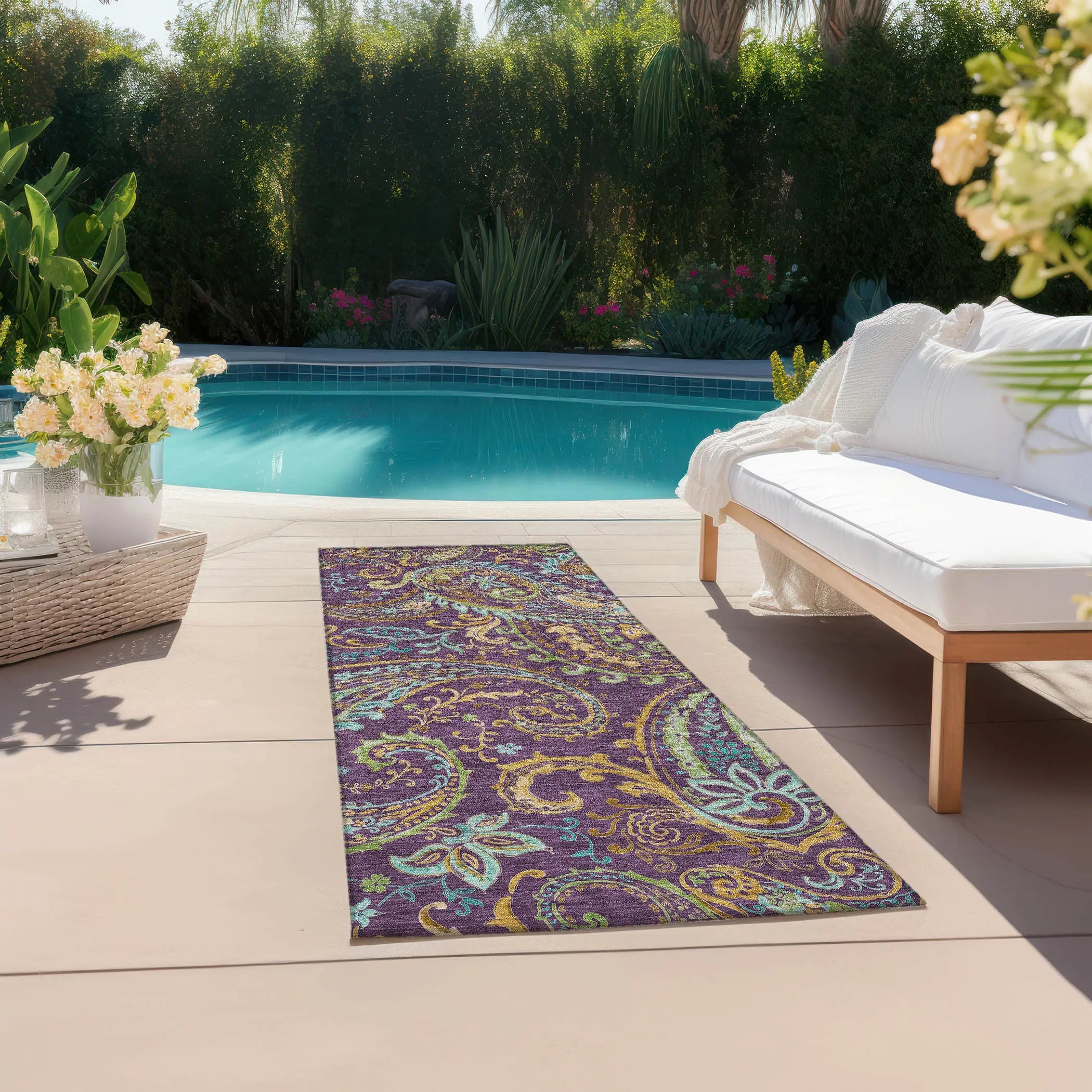 8' Runner Purple Paisley Washable Non Skid Indoor Outdoor Runner Rug - GreatEagleInc