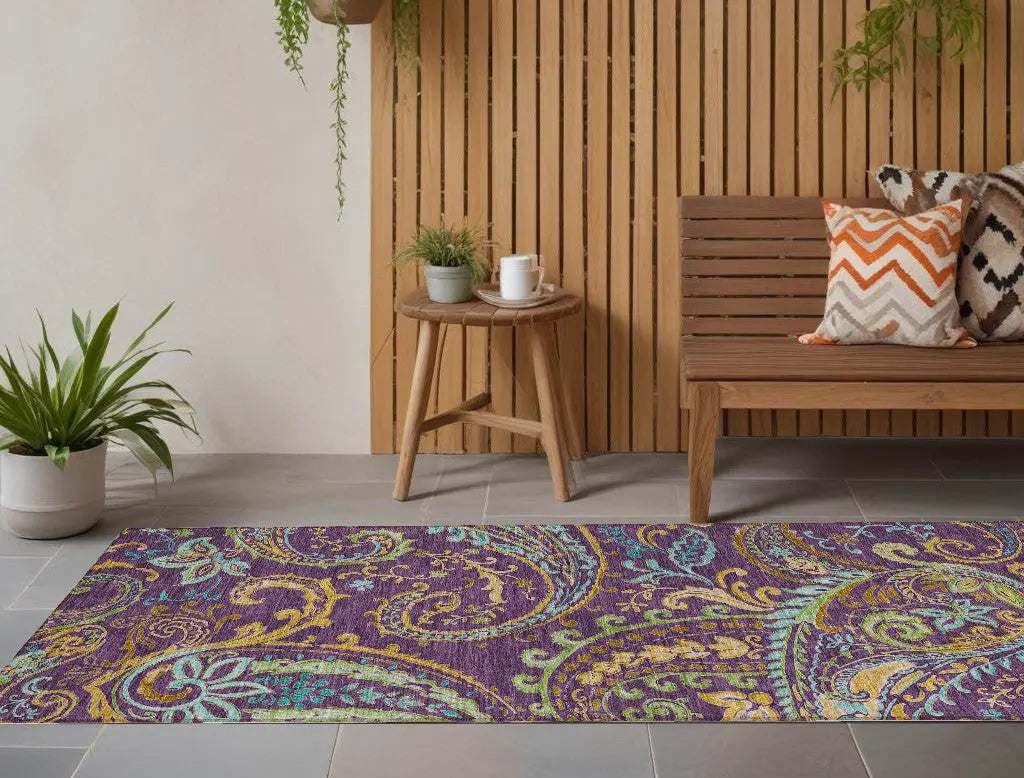 8' Runner Purple Paisley Washable Non Skid Indoor Outdoor Runner Rug - GreatEagleInc