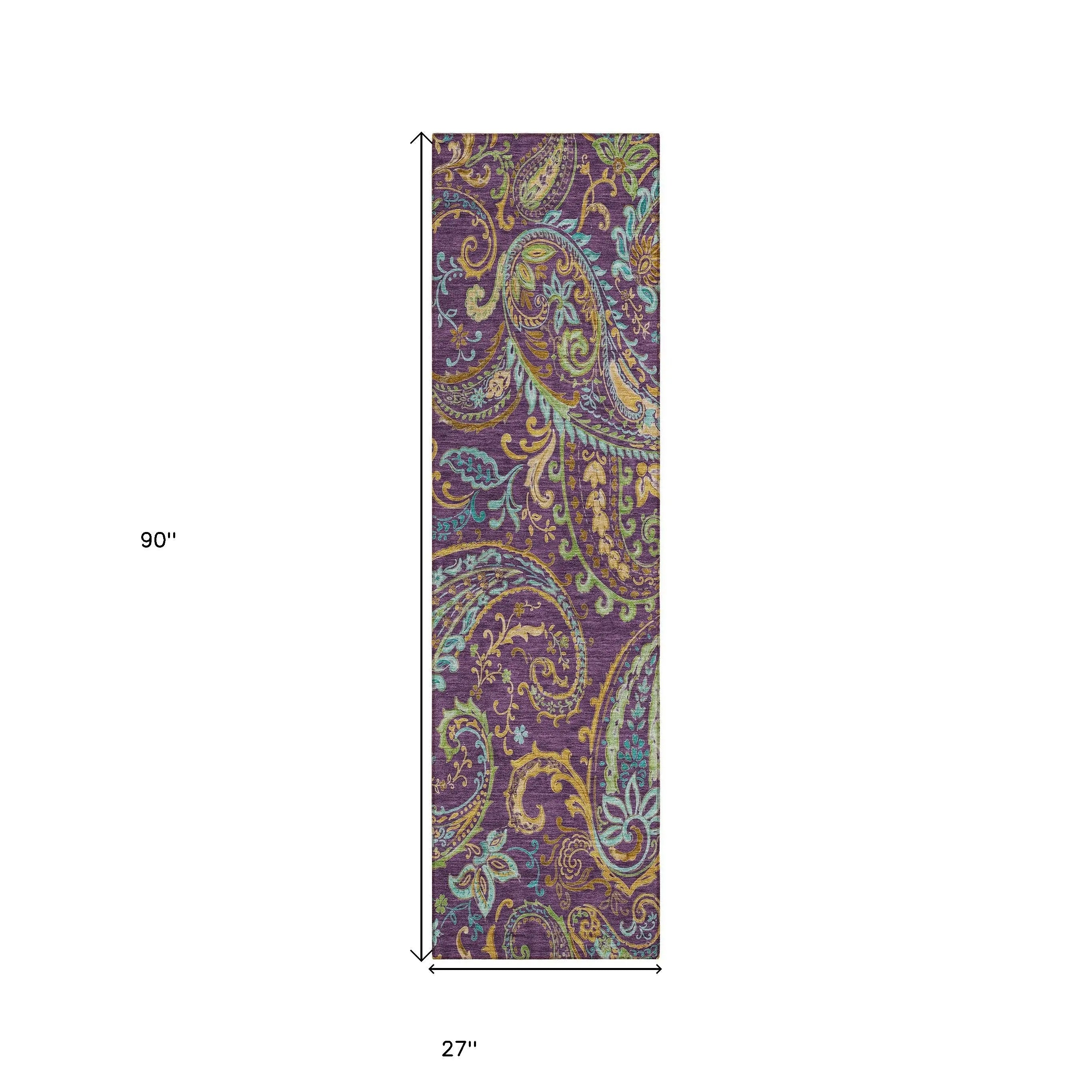 8' Runner Purple Paisley Washable Non Skid Indoor Outdoor Runner Rug - GreatEagleInc