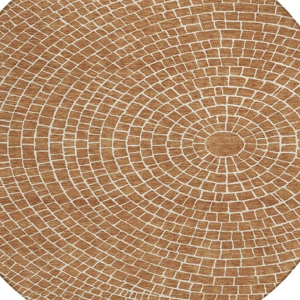 8' Rust And Ivory Round Geometric Washable Indoor Outdoor Area Rug Homeroots Outdoor
