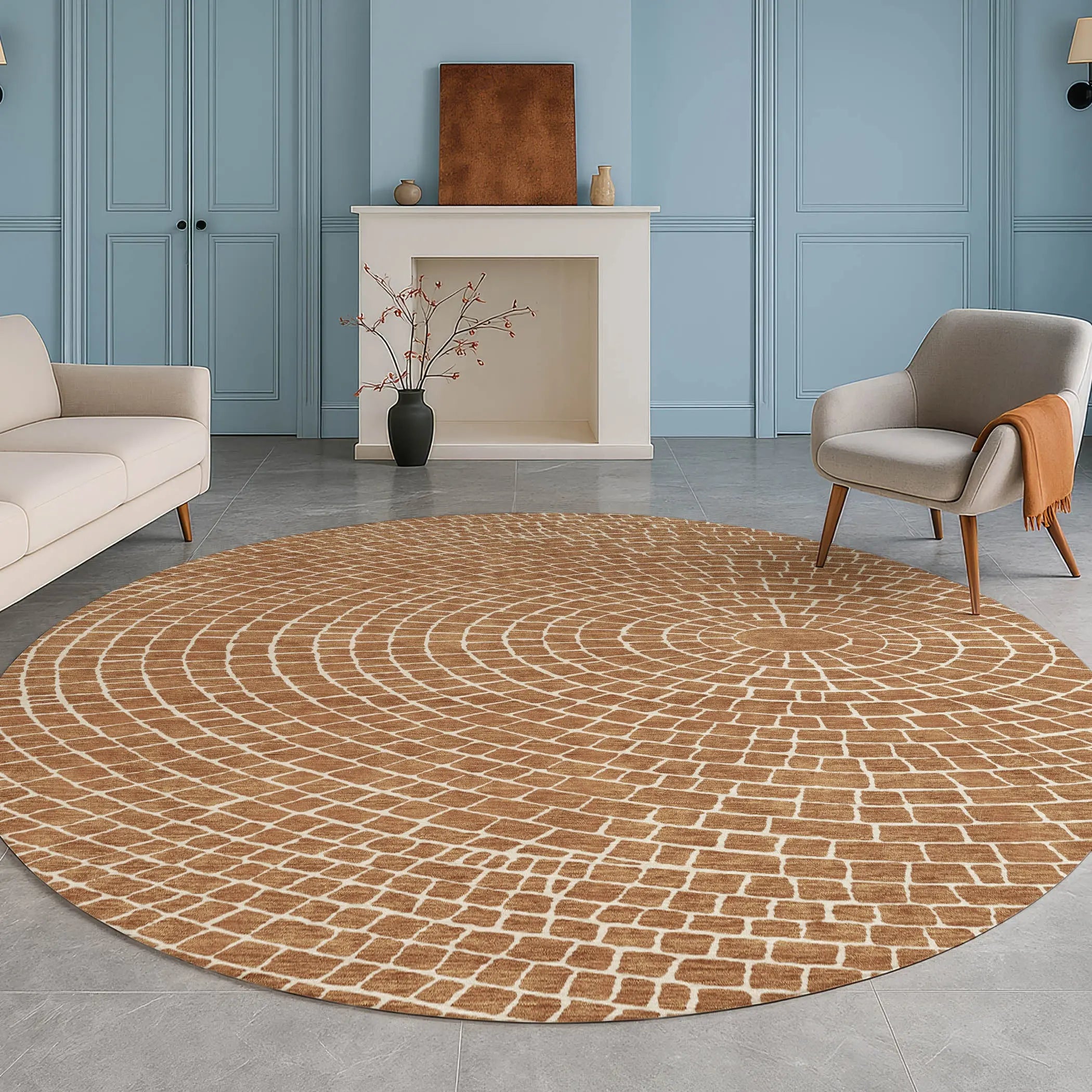 8' Rust And Ivory Round Geometric Washable Indoor Outdoor Area Rug Homeroots Outdoor