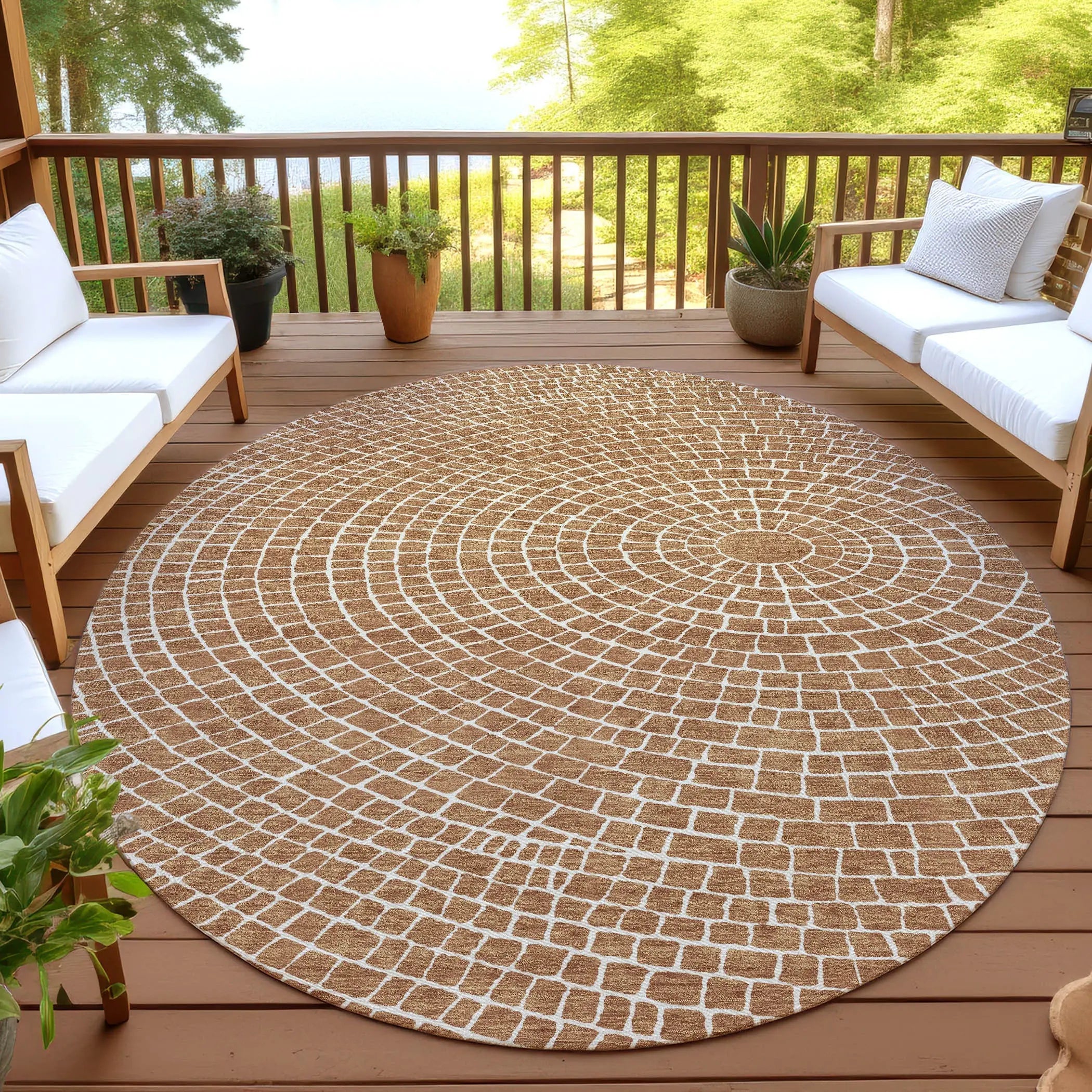 8' Rust And Ivory Round Geometric Washable Indoor Outdoor Area Rug Homeroots Outdoor