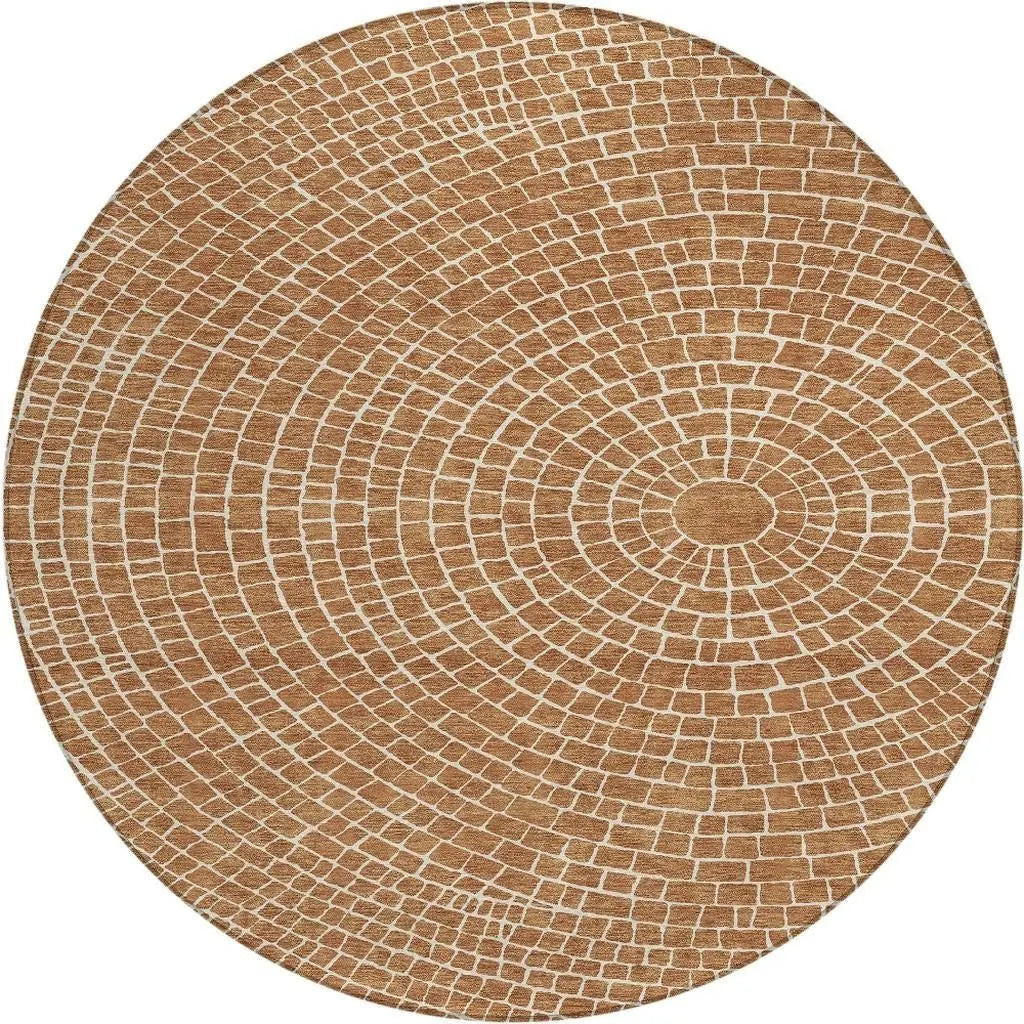8' Rust And Ivory Round Geometric Washable Indoor Outdoor Area Rug Homeroots Outdoor