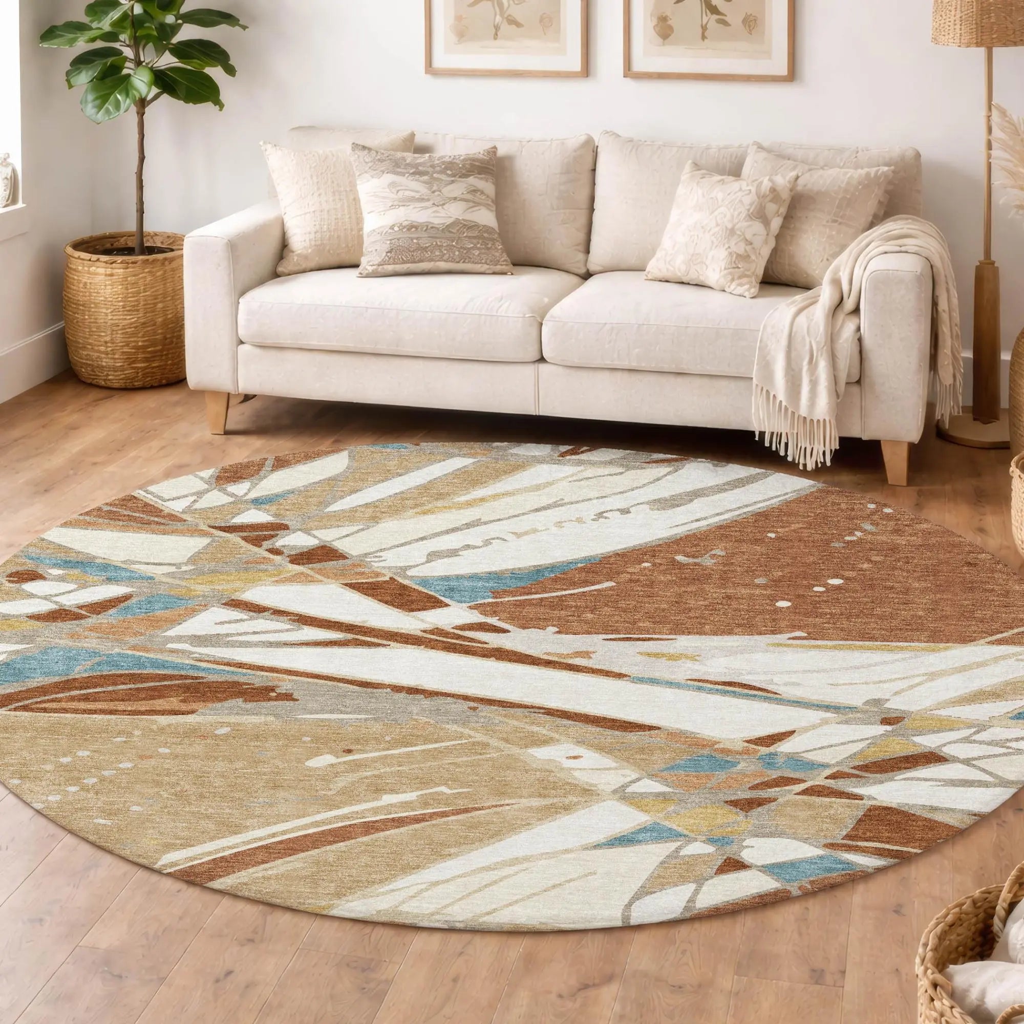8' Rust And Orange Round Abstract Washable Indoor Outdoor Area Rug Homeroots Outdoor