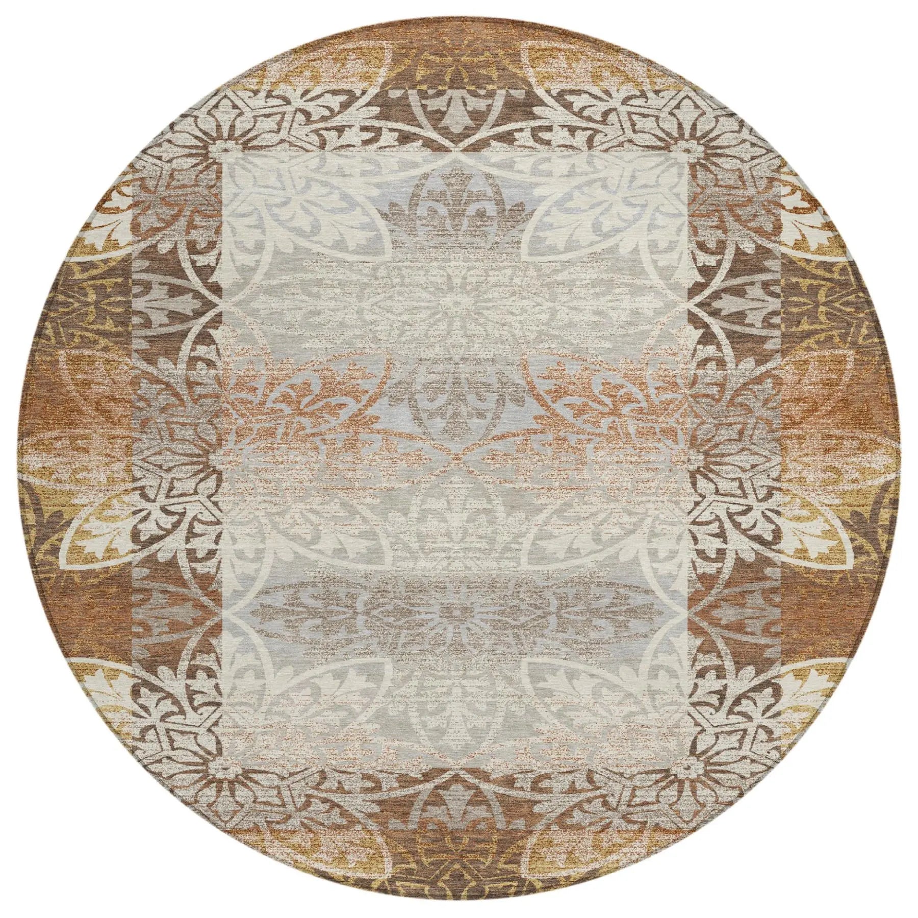 8' Rust And Orange Round Oriental Washable Indoor Outdoor Area Rug Homeroots Outdoor