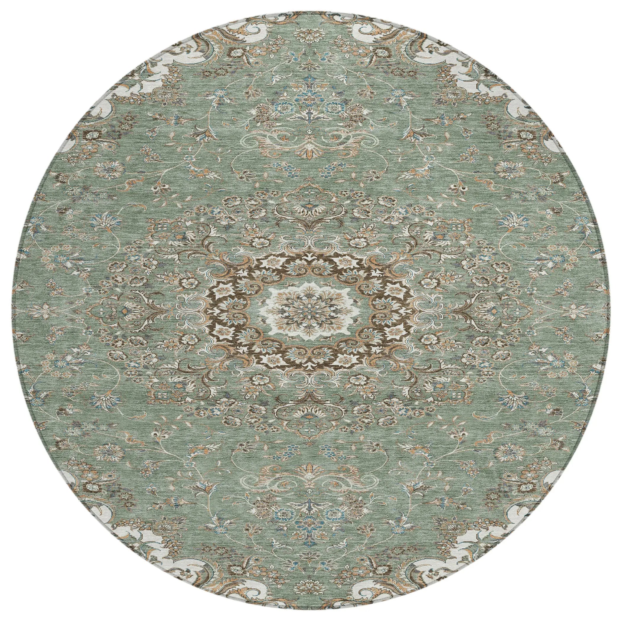 8' Sage And Beige Round Floral Medallion Washable Indoor Outdoor Area Rug Homeroots Outdoor