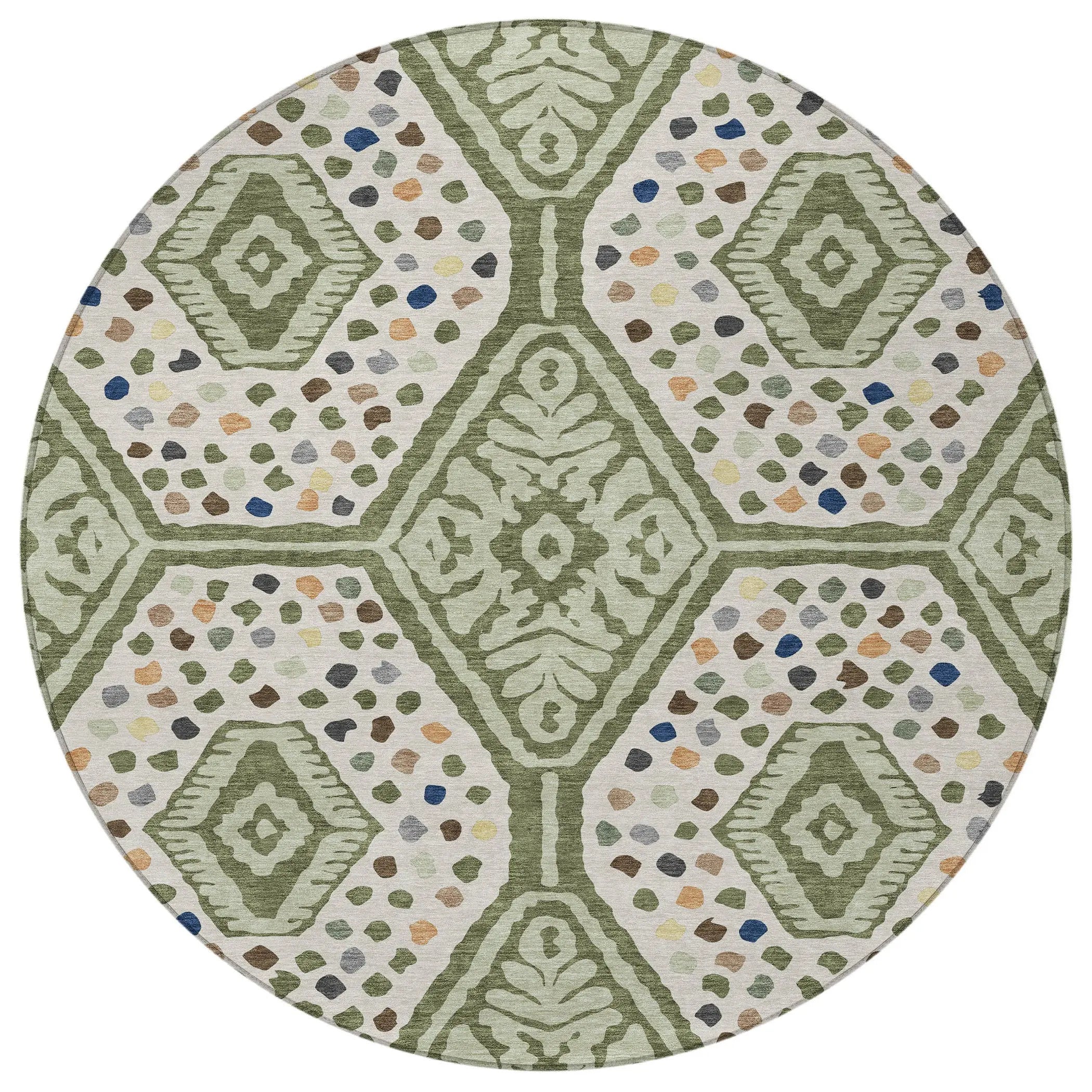 8' Sage And Beige Round Tribal Washable Indoor Outdoor Area Rug Homeroots Outdoor
