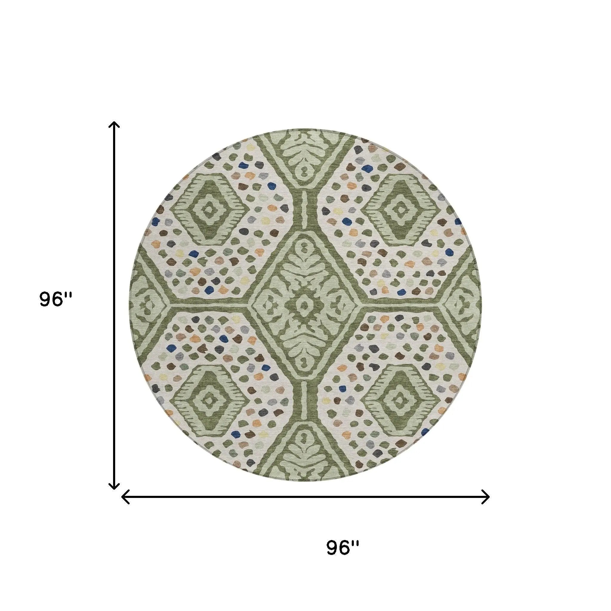 8' Sage And Beige Round Tribal Washable Indoor Outdoor Area Rug Homeroots Outdoor
