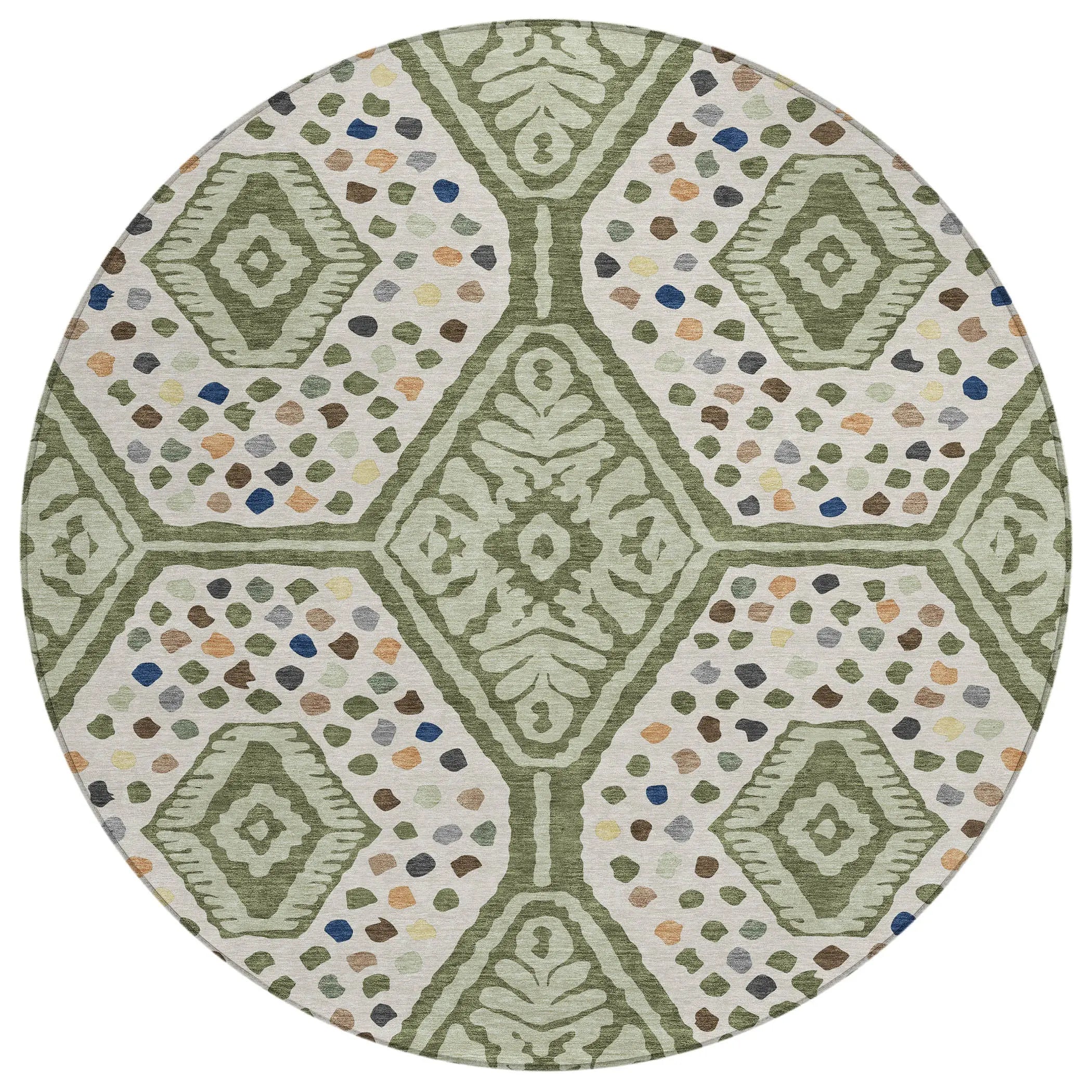 8' Sage And Beige Round Tribal Washable Indoor Outdoor Area Rug Homeroots Outdoor