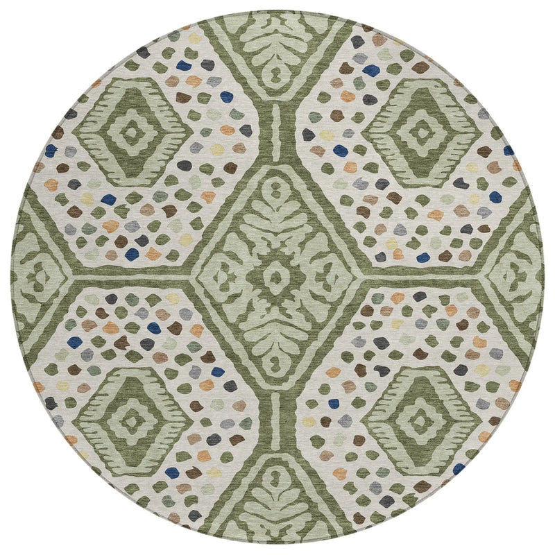 8' Sage And Beige Round Tribal Washable Indoor Outdoor Area Rug Homeroots Outdoor