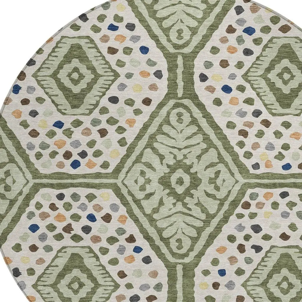 8' Sage And Beige Round Tribal Washable Indoor Outdoor Area Rug Homeroots Outdoor