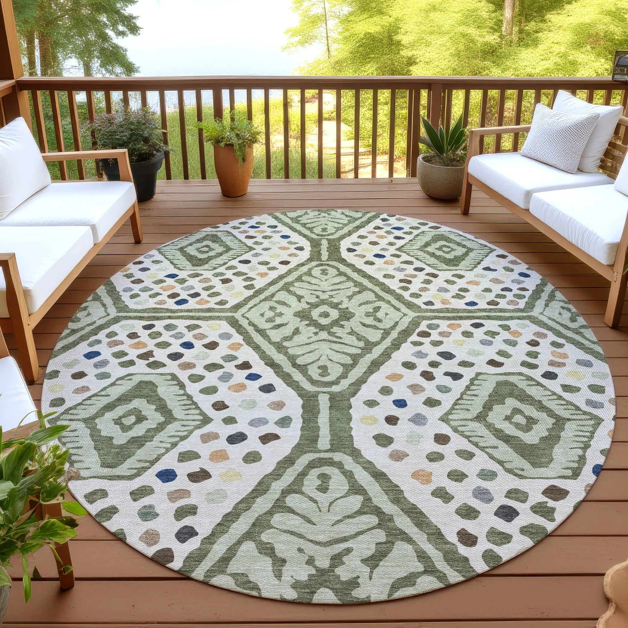 8' Sage And Beige Round Tribal Washable Indoor Outdoor Area Rug Homeroots Outdoor