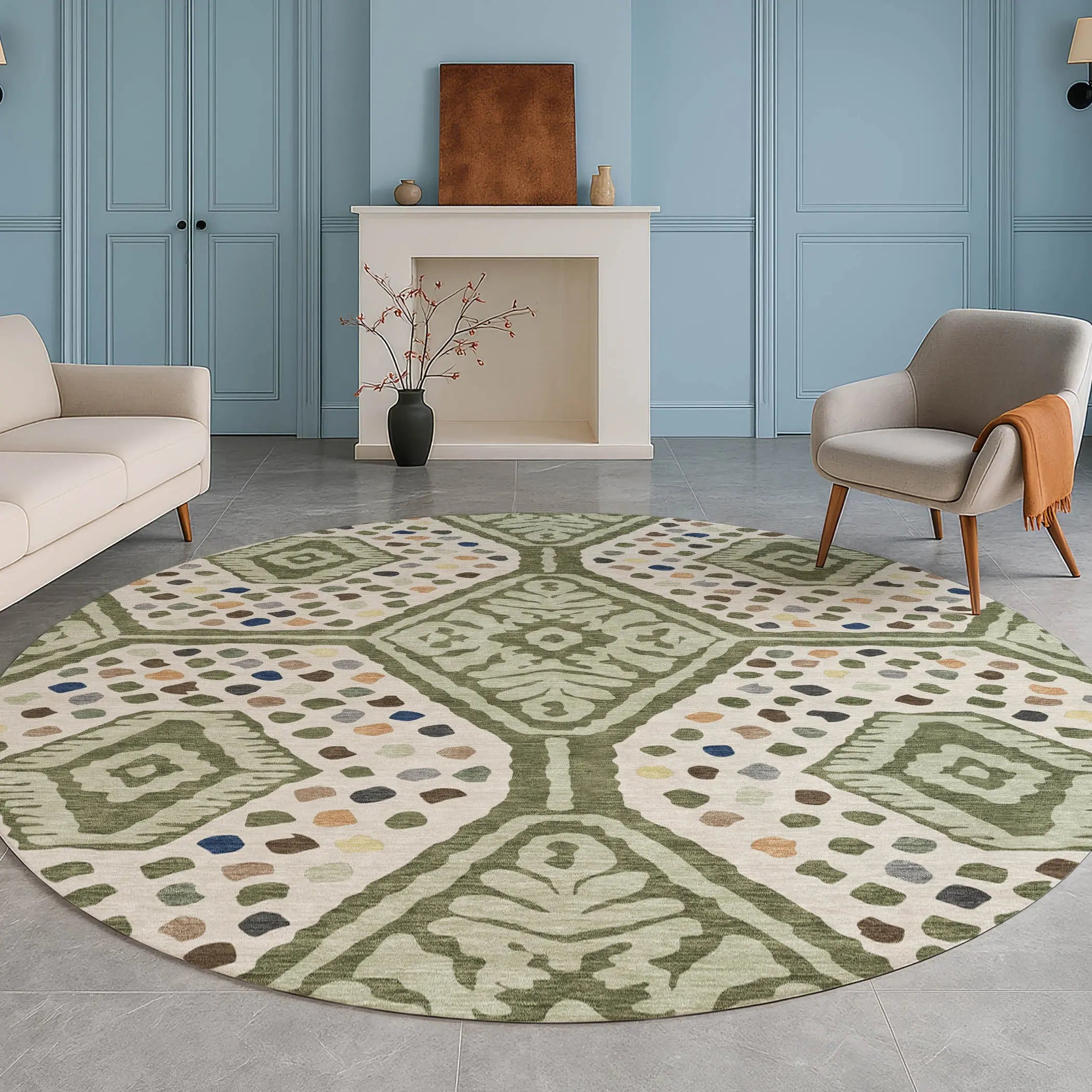 8' Sage And Beige Round Tribal Washable Indoor Outdoor Area Rug Homeroots Outdoor