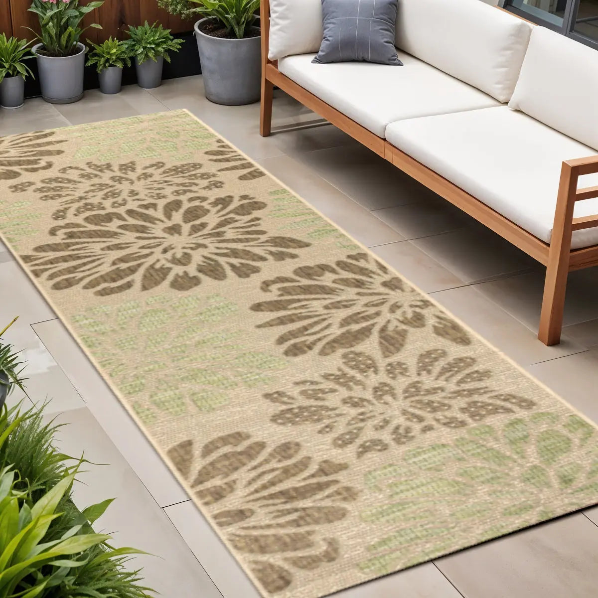 8' Sage And Brown Floral Indoor Outdoor Runner Rug Homeroots Outdoor