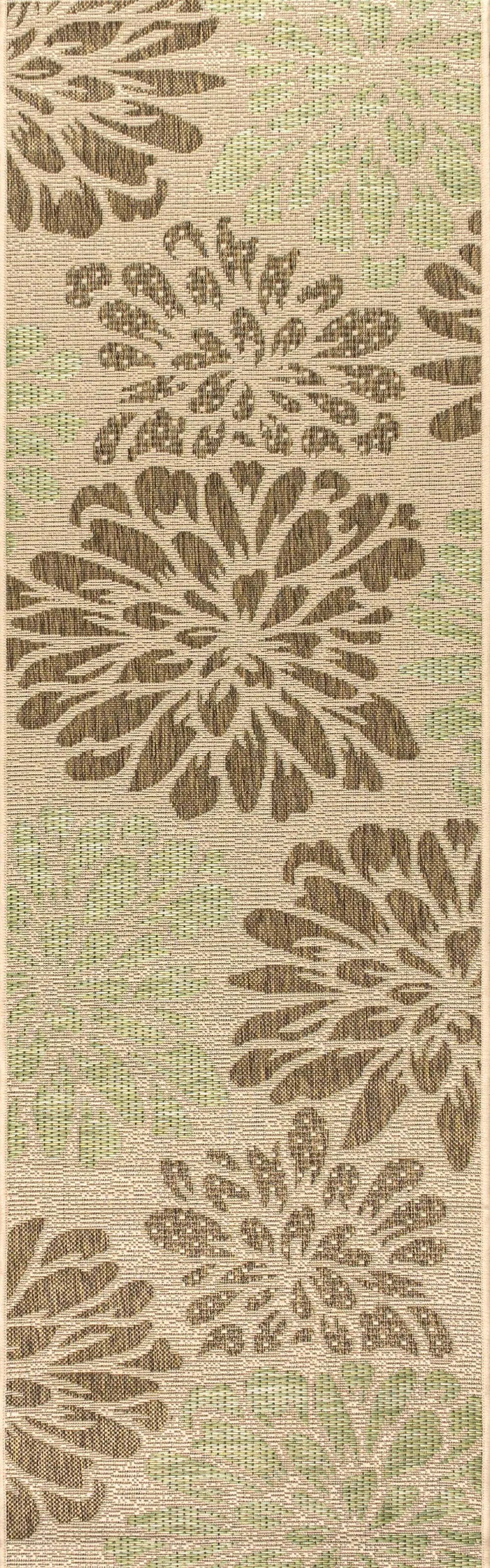 8' Sage And Brown Floral Indoor Outdoor Runner Rug Homeroots Outdoor