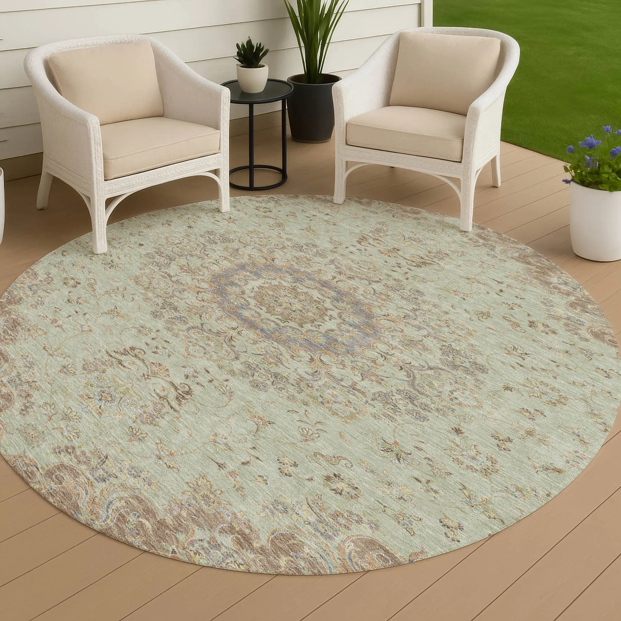 8' Sage And Brown Round Floral Medallion Washable Indoor Outdoor Area Rug Homeroots Outdoor