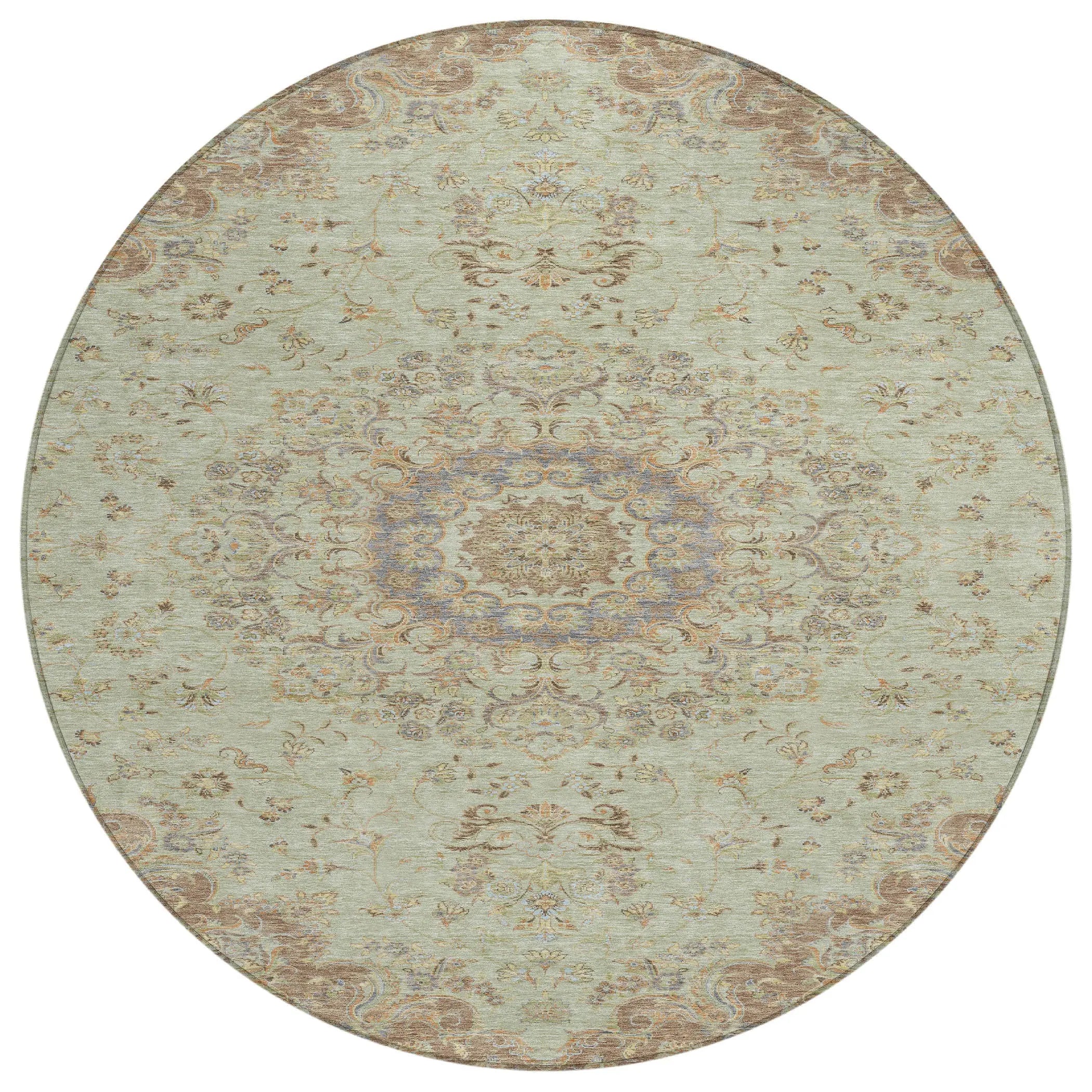 8' Sage And Brown Round Floral Medallion Washable Indoor Outdoor Area Rug Homeroots Outdoor