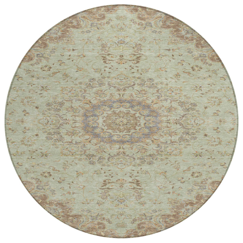 8' Sage And Brown Round Floral Medallion Washable Indoor Outdoor Area Rug Homeroots Outdoor