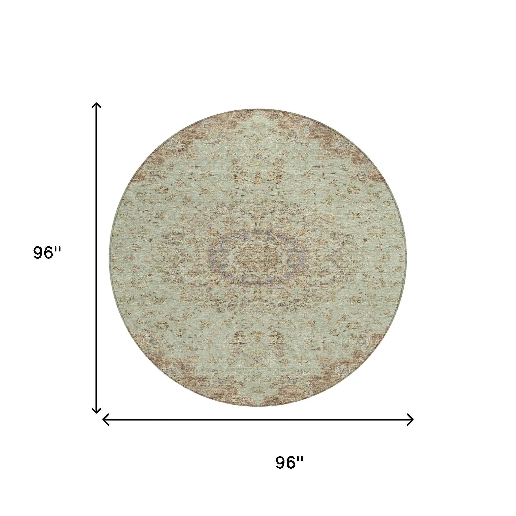 8' Sage And Brown Round Floral Medallion Washable Indoor Outdoor Area Rug Homeroots Outdoor