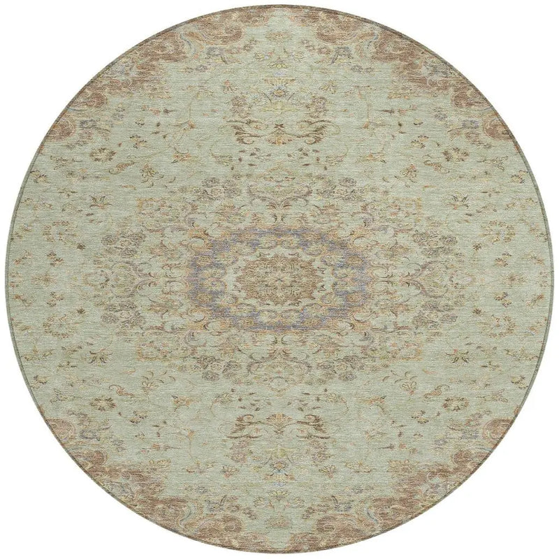8' Sage And Brown Round Floral Medallion Washable Indoor Outdoor Area Rug Homeroots Outdoor