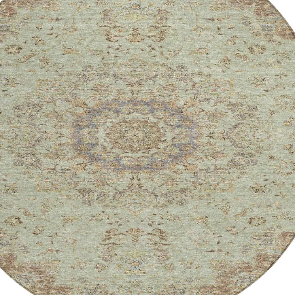 8' Sage And Brown Round Floral Medallion Washable Indoor Outdoor Area Rug Homeroots Outdoor