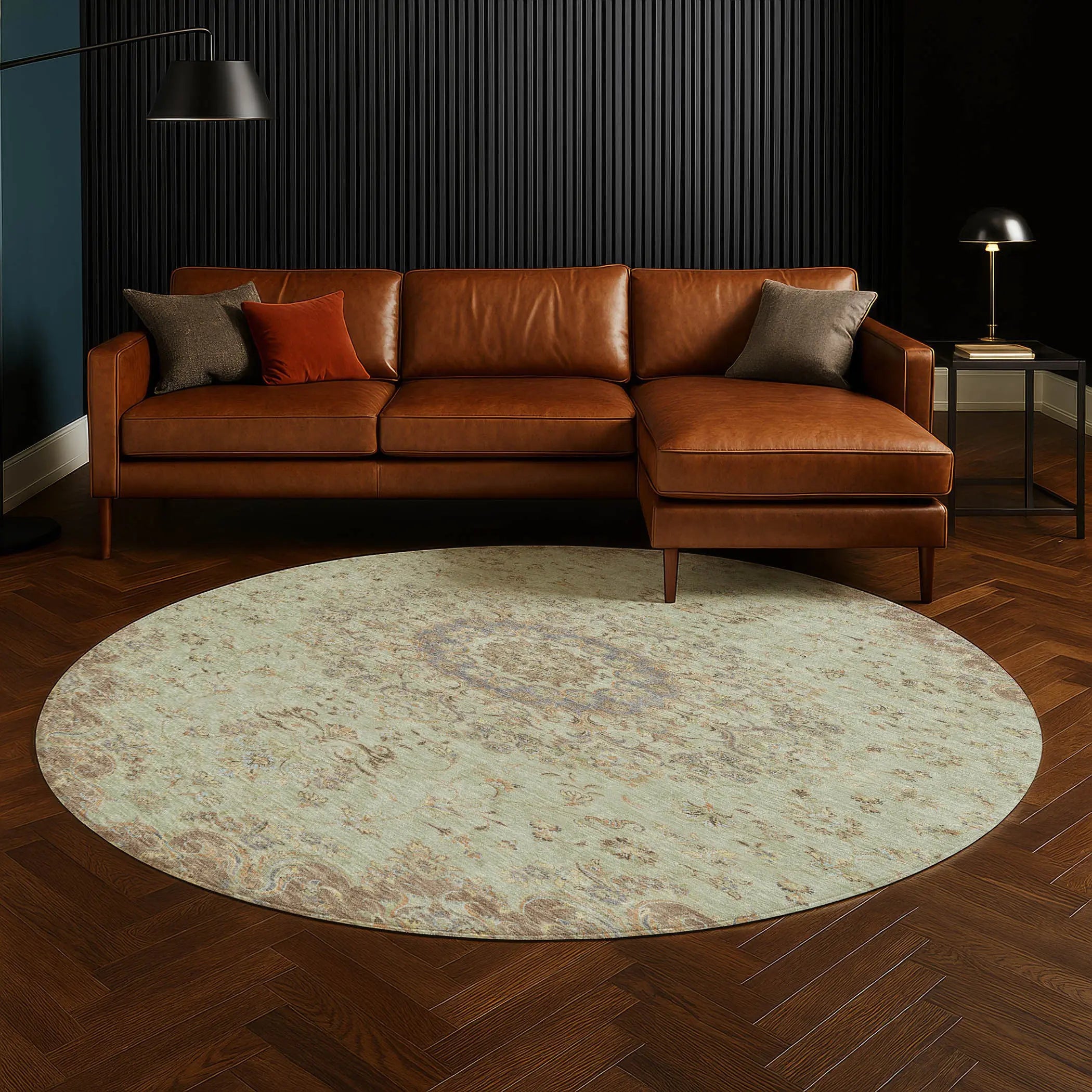 8' Sage And Brown Round Floral Medallion Washable Indoor Outdoor Area Rug Homeroots Outdoor
