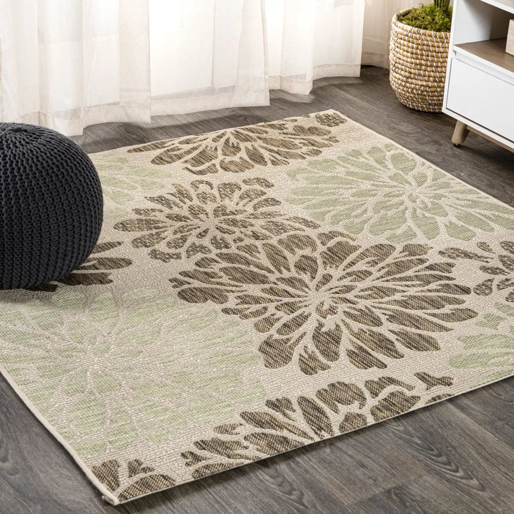 8' Sage And Brown Square Floral Indoor Outdoor Area Rug Homeroots Outdoor