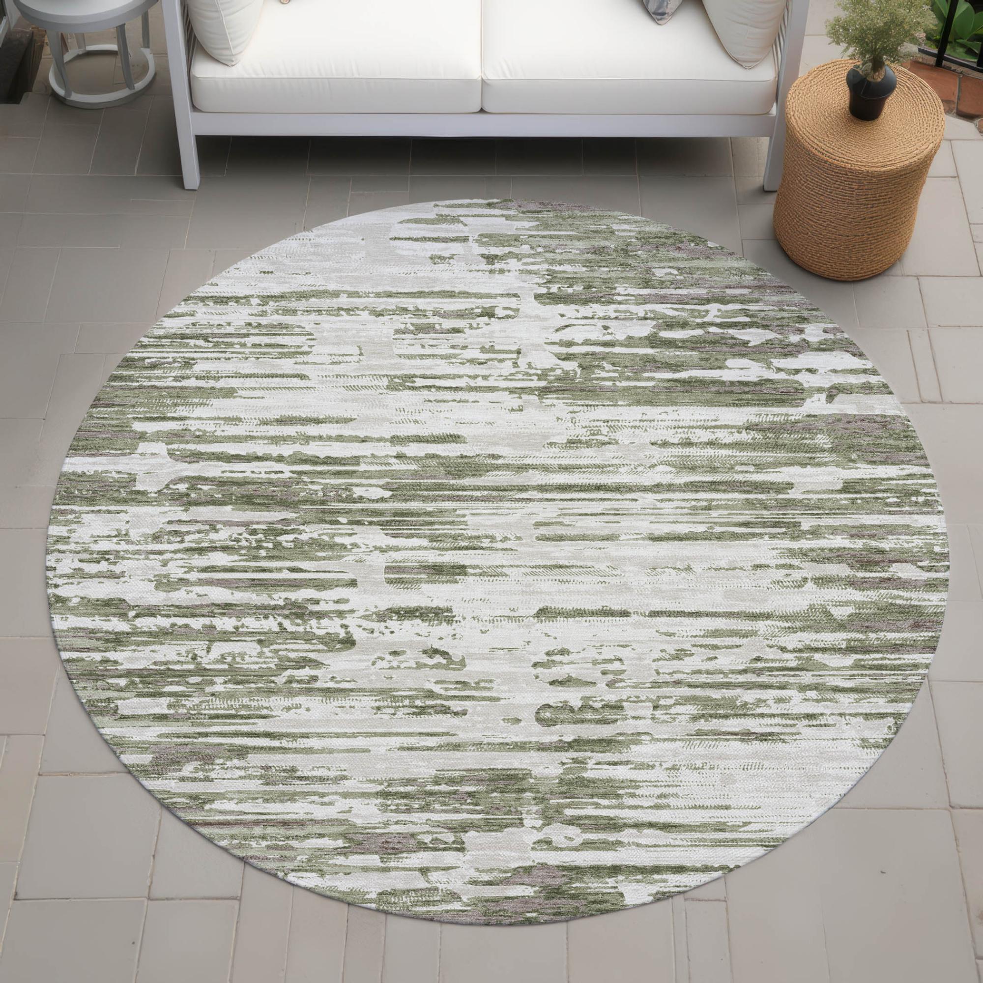 8' Sage And Green Round Abstract Washable Indoor Outdoor Area Rug Homeroots Outdoor