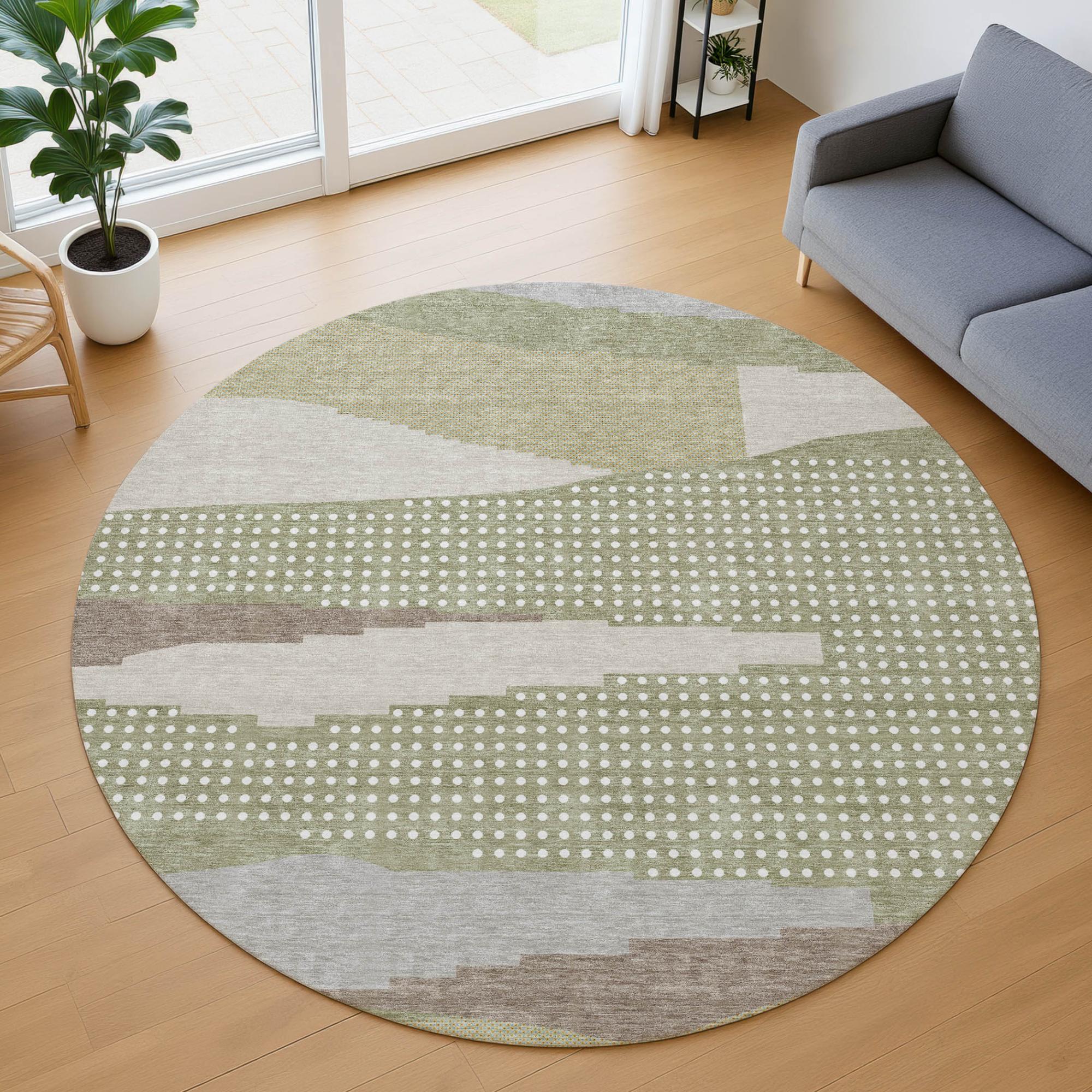 8' Sage And Green Round Abstract Washable Indoor Outdoor Area Rug Homeroots Outdoor
