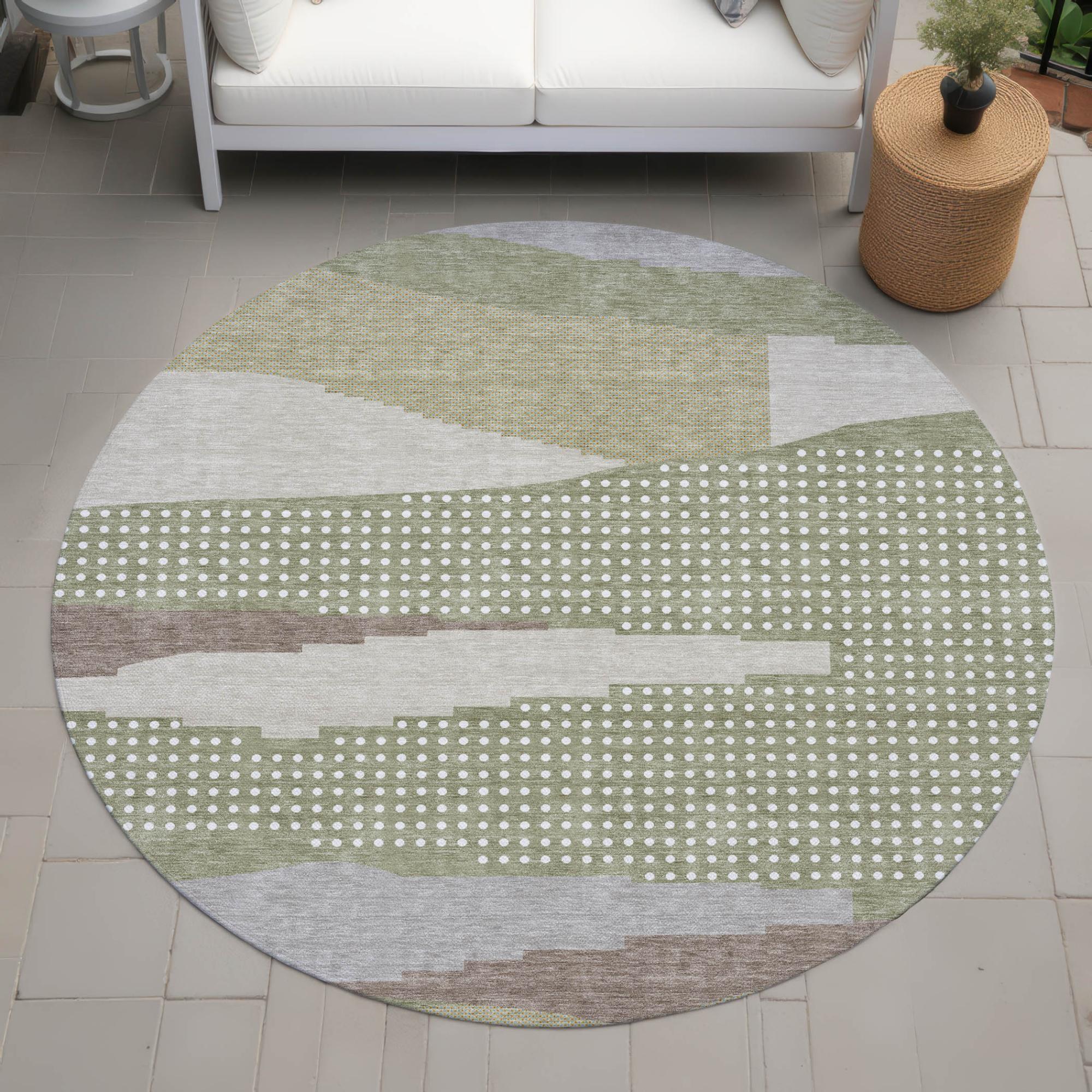 8' Sage And Green Round Abstract Washable Indoor Outdoor Area Rug Homeroots Outdoor