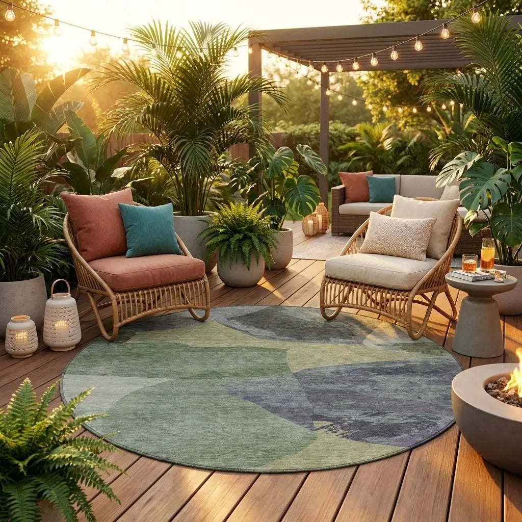 8' Sage And Green Round Abstract Washable Indoor Outdoor Area Rug Homeroots Outdoor