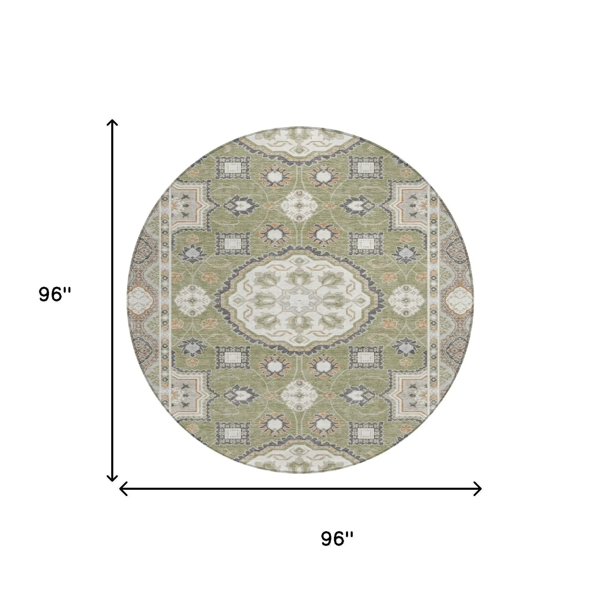 8' Sage And Green Round Floral Medallion Washable Indoor Outdoor Area Rug Homeroots Outdoor