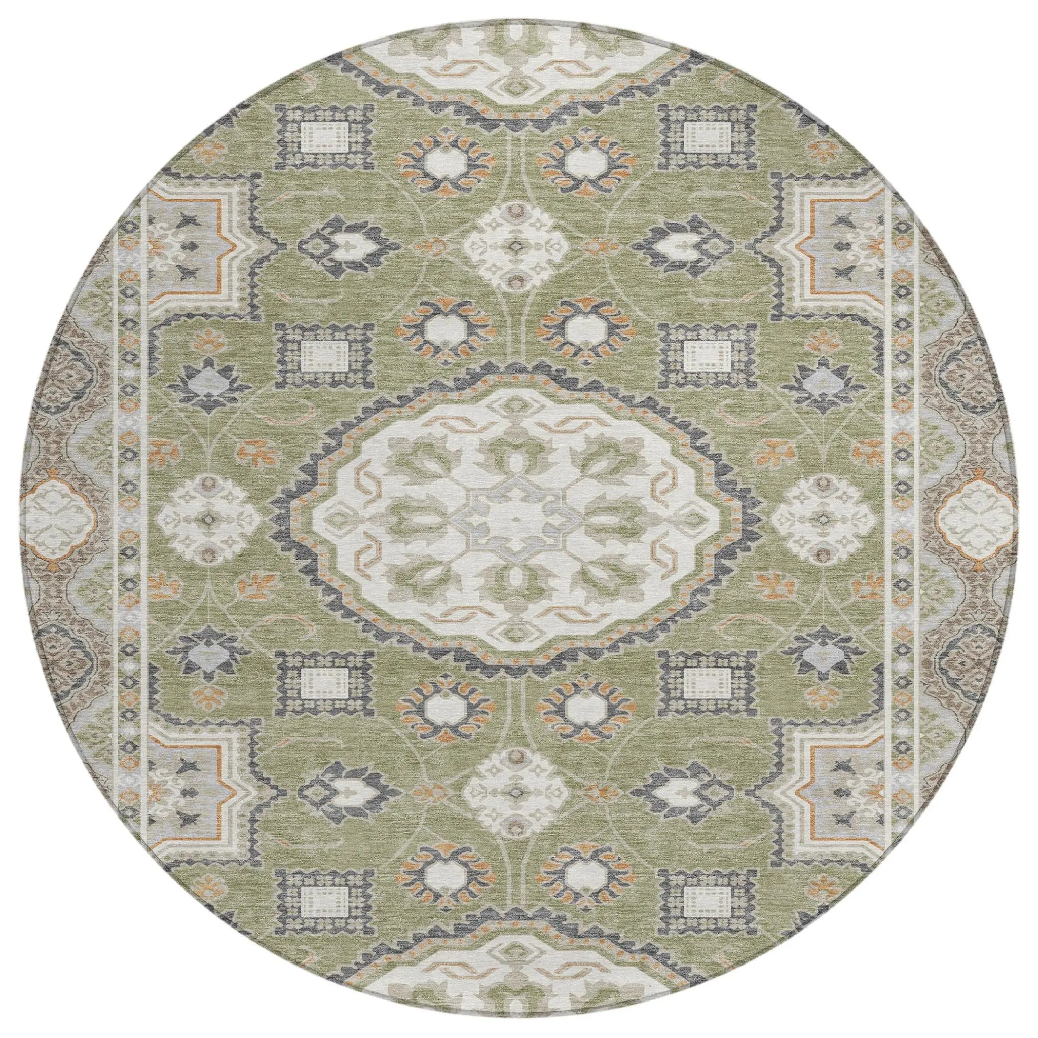 8' Sage And Green Round Floral Medallion Washable Indoor Outdoor Area Rug Homeroots Outdoor
