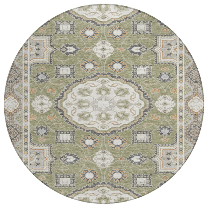 8' Sage And Green Round Floral Medallion Washable Indoor Outdoor Area Rug Homeroots Outdoor
