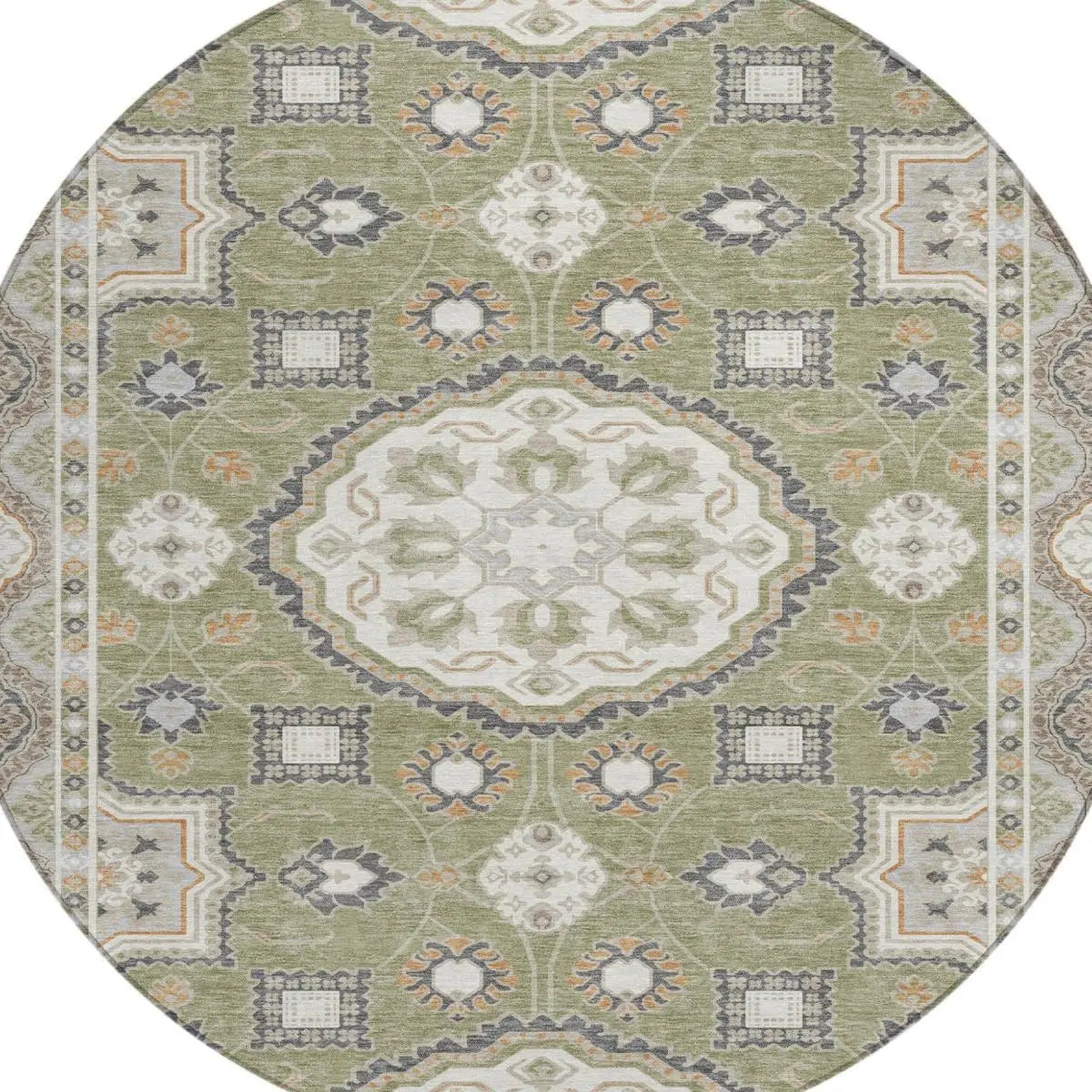 8' Sage And Green Round Floral Medallion Washable Indoor Outdoor Area Rug Homeroots Outdoor