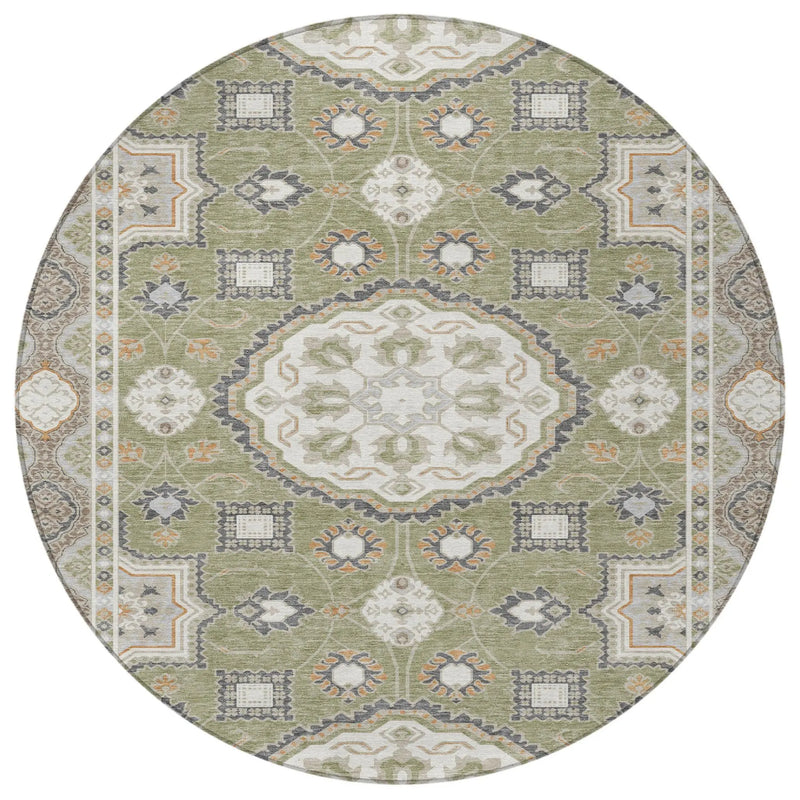 8' Sage And Green Round Floral Medallion Washable Indoor Outdoor Area Rug Homeroots Outdoor