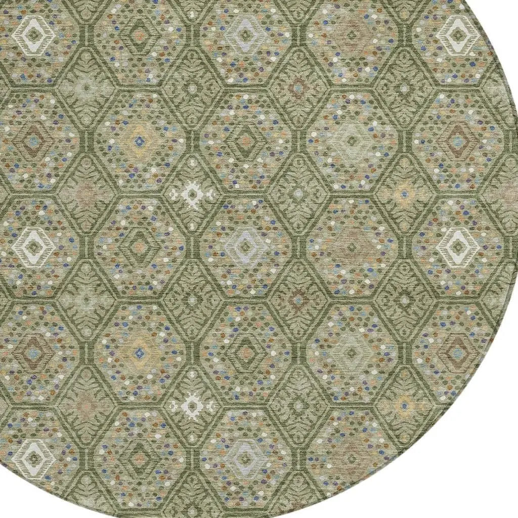 8' Sage And Green Round Geometric Washable Indoor Outdoor Area Rug Homeroots Outdoor