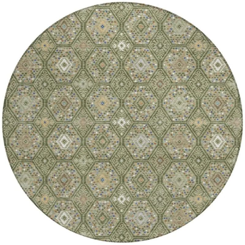 8' Sage And Green Round Geometric Washable Indoor Outdoor Area Rug Homeroots Outdoor