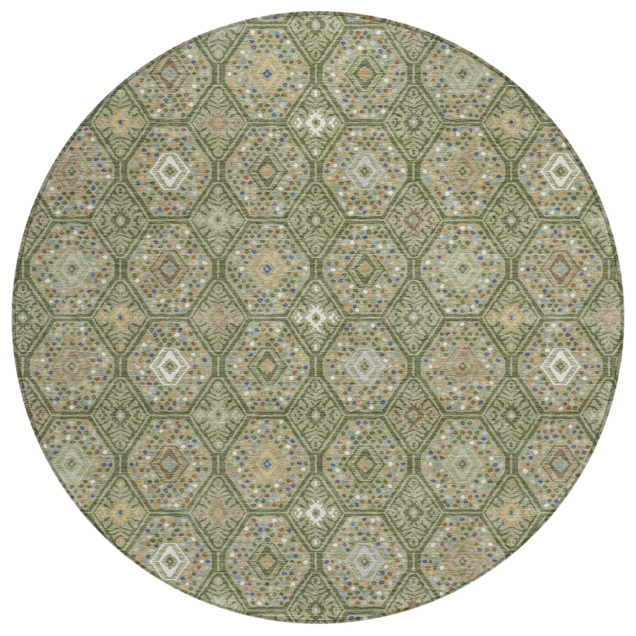 8' Sage And Green Round Geometric Washable Indoor Outdoor Area Rug Homeroots Outdoor